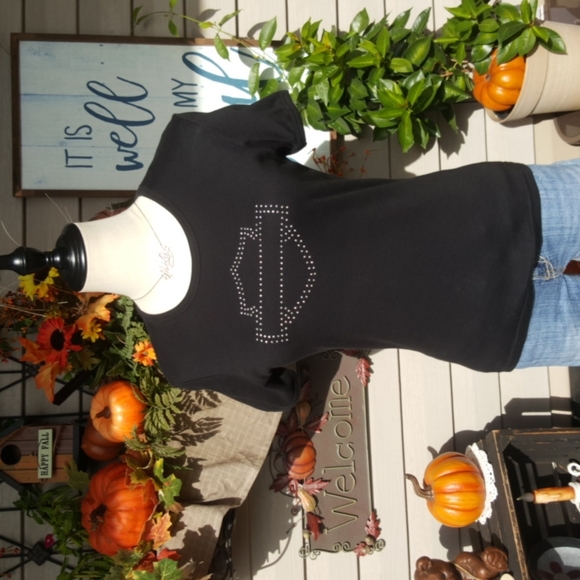 HARLEY-DAVIDSON ♡ Sweet Vintage Black w/Silver Studded Bar 'n Shield H-D Top L - Picture 3 of 16